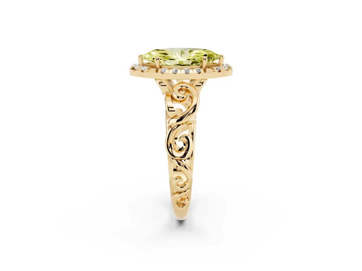 Fancy Yellow Marquise Cut Cut Halo Diamond Ring with Scrollwork Band and Four-Prong Setting Yellow gold
