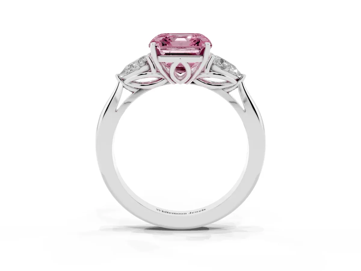 Fancy Pink Three-Stone Asscher Cut Diamond Ring with Pear Side Stones in Four-Prong Setting Silver