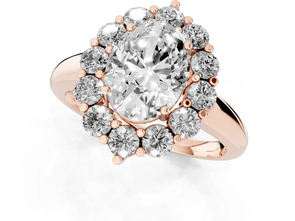 Oval Cut Halo Cluster Diamond Engagement Ring with Prong Setting and Polished Band Rose gold