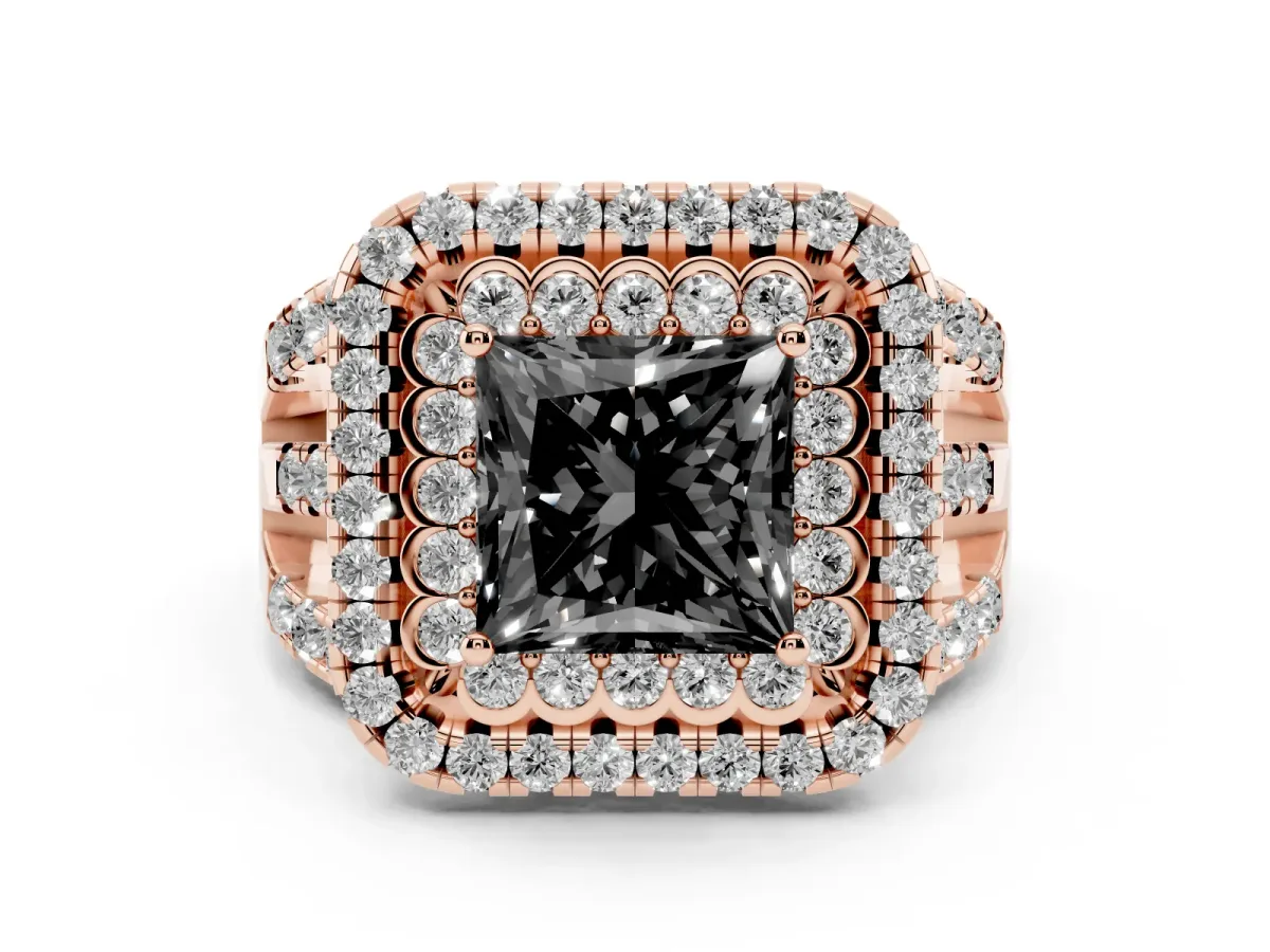 Fancy Black Princess Cut Diamond Double Halo Ring with Round Pavé Split Shank and Prong Setting Rose gold