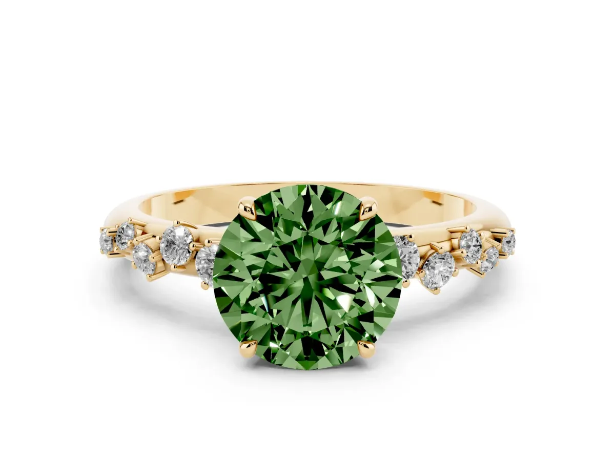 Fancy Green Round Cut Diamond Cluster Prong-Set Solitaire Ring Yellow gold