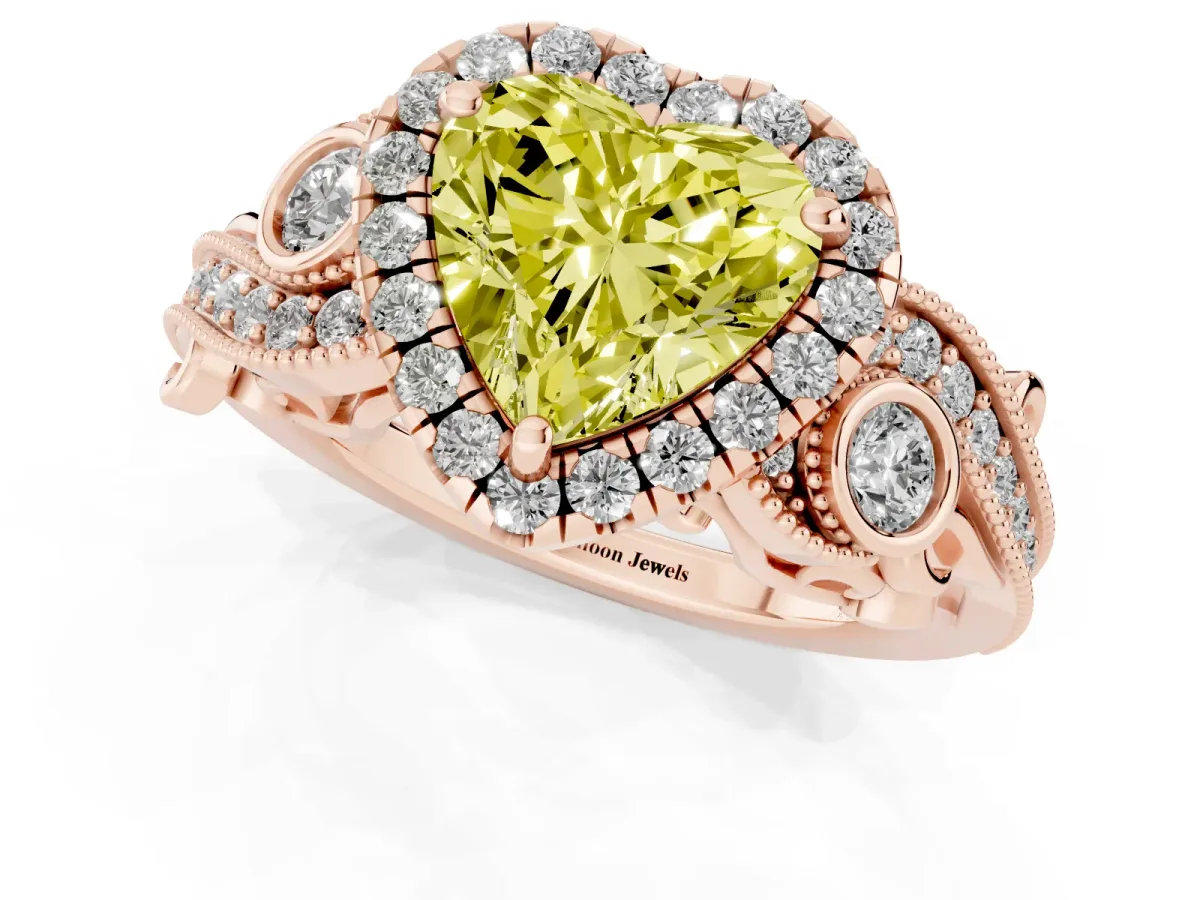 Fancy Yellow Heart Cut Halo Diamond Ring with Milgrain and Bezel Accents on a Split Shank Band Rose gold