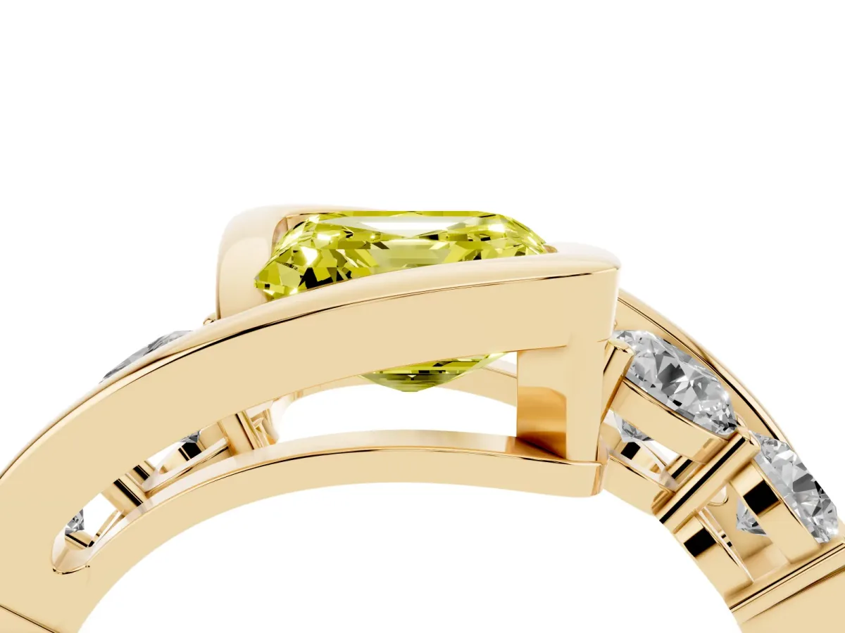 Fancy Yellow Bezel Set Asscher Cut Diamond Bypass Ring with Round Accents Yellow gold