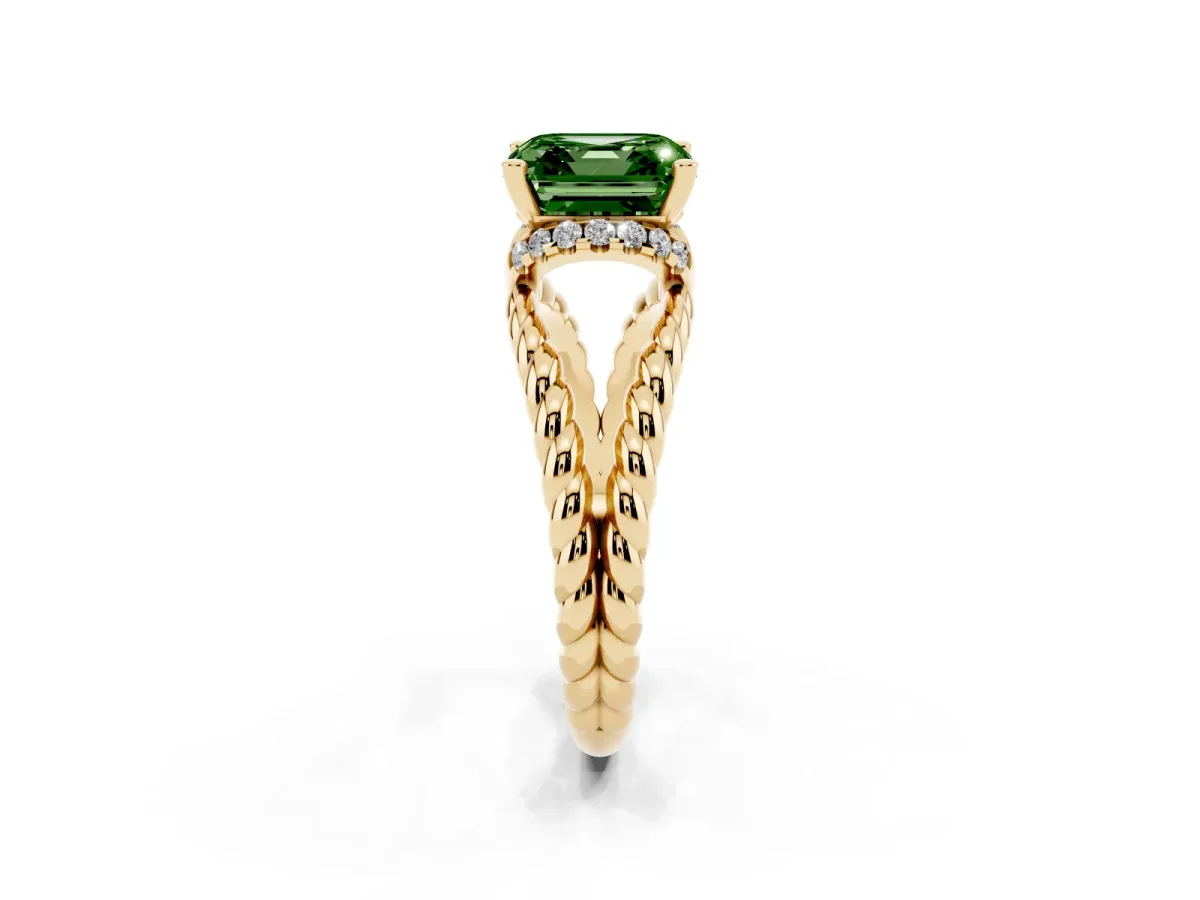Fancy Green Asscher Cut Halo Twisted Band Four-Prong Ring Yellow gold