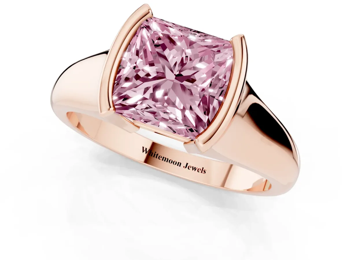 Fancy Pink Princess Cut Solitaire Tension Set Diamond Ring with Split Shank Band Rose gold