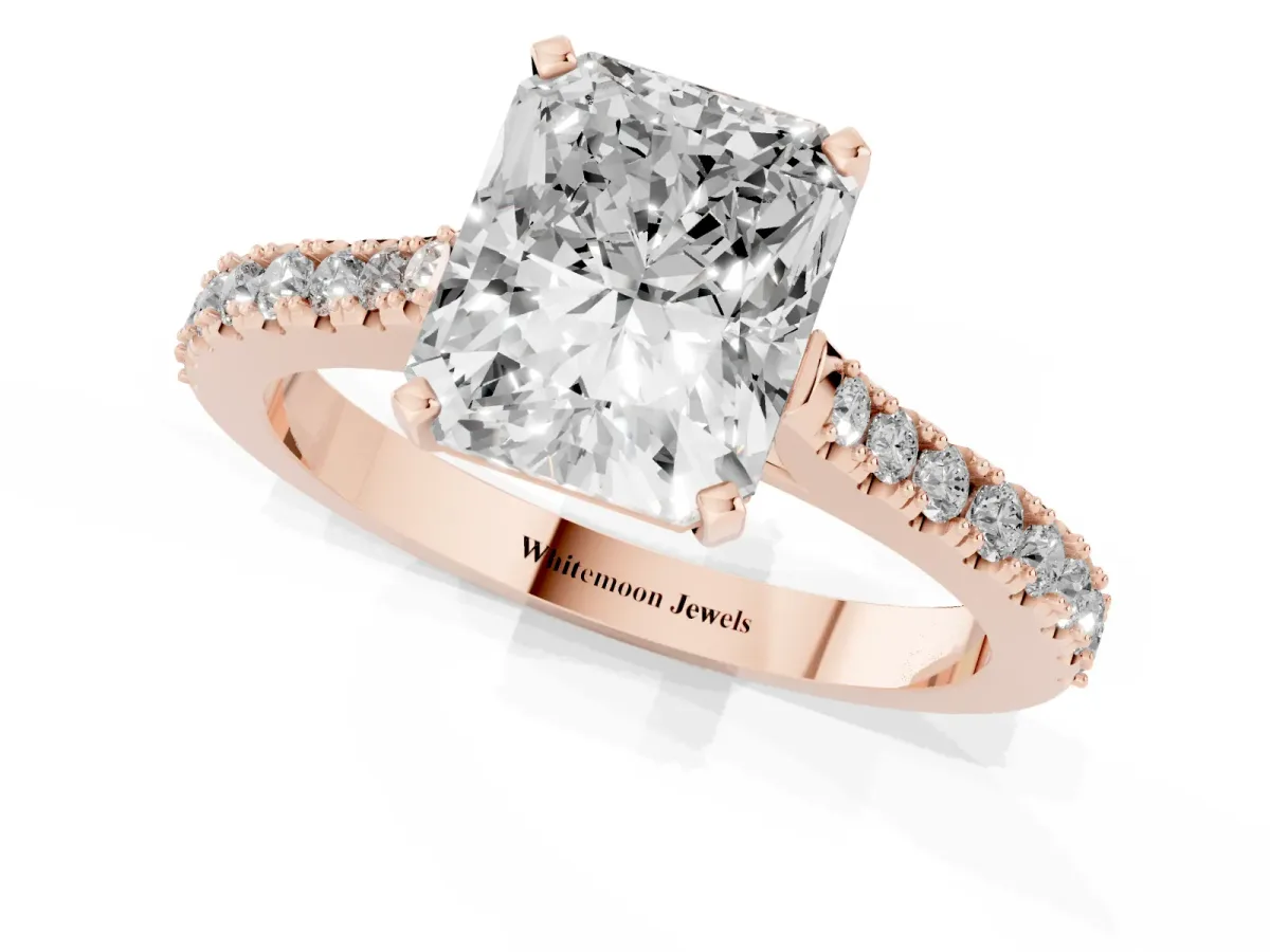 Radiant Cut Cut Solitaire Diamond Engagement Ring with Pave Band and Four-Prong Setting Rose gold