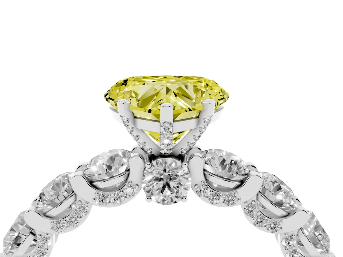 Fancy Yellow Heart Cut Diamond Side Stone Engagement Ring with Four-Prong Setting Silver