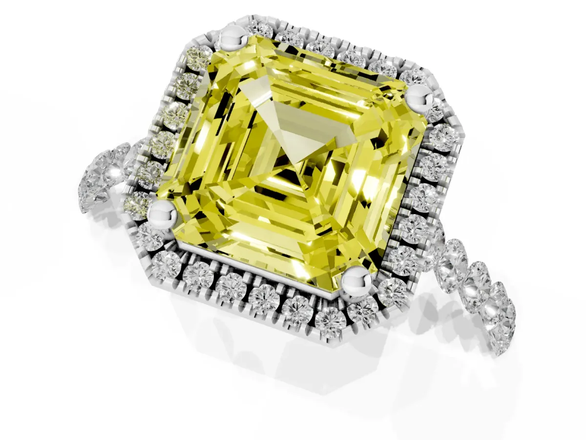 Fancy Yellow Asscher Cut Halo Pavé Diamond Engagement Ring with Four-Prong Setting Platinum
