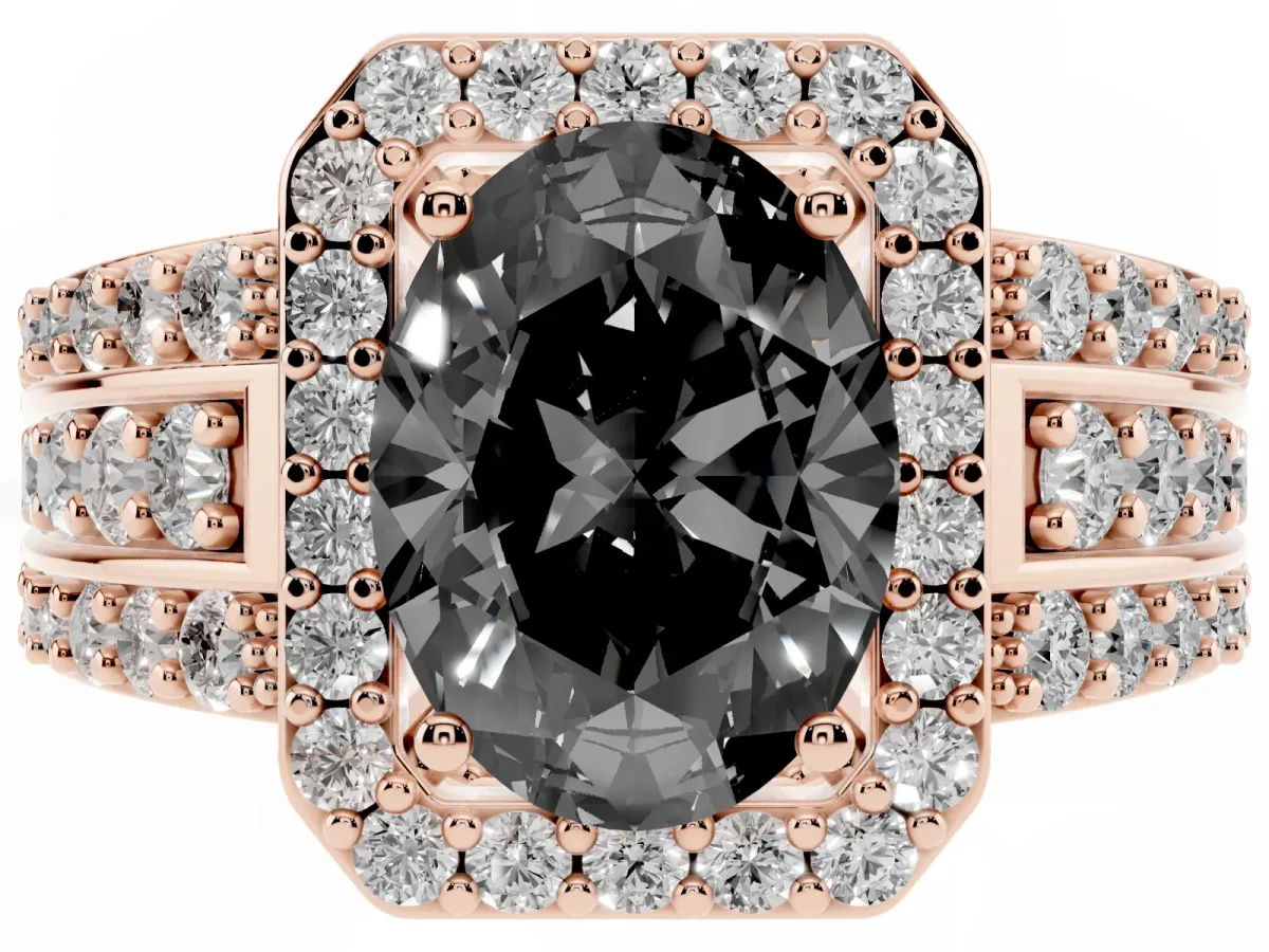 Fancy Black Oval Cut Halo Diamond Ring with Round Split Shank and Prong Setting Rose gold