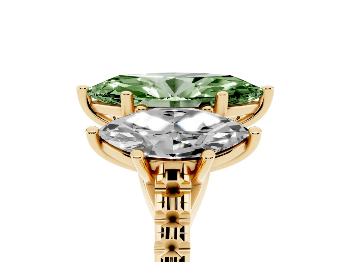 Fancy Green Three-Stone Marquise Cut Diamond Ring with Round Pavé Band and Prong Setting Yellow gold