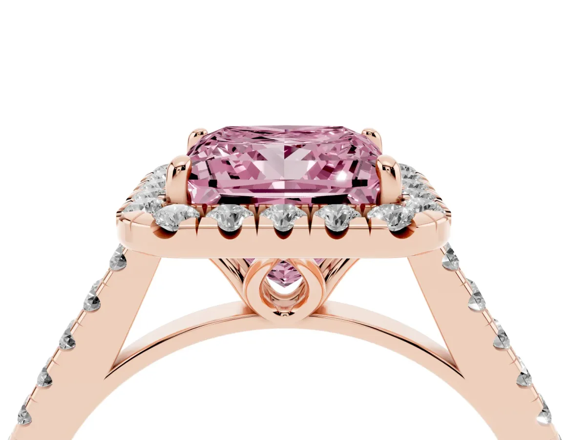 Fancy Pink Princess Cut Halo Pavé Diamond Engagement Ring with Four-Prong Setting Rose gold