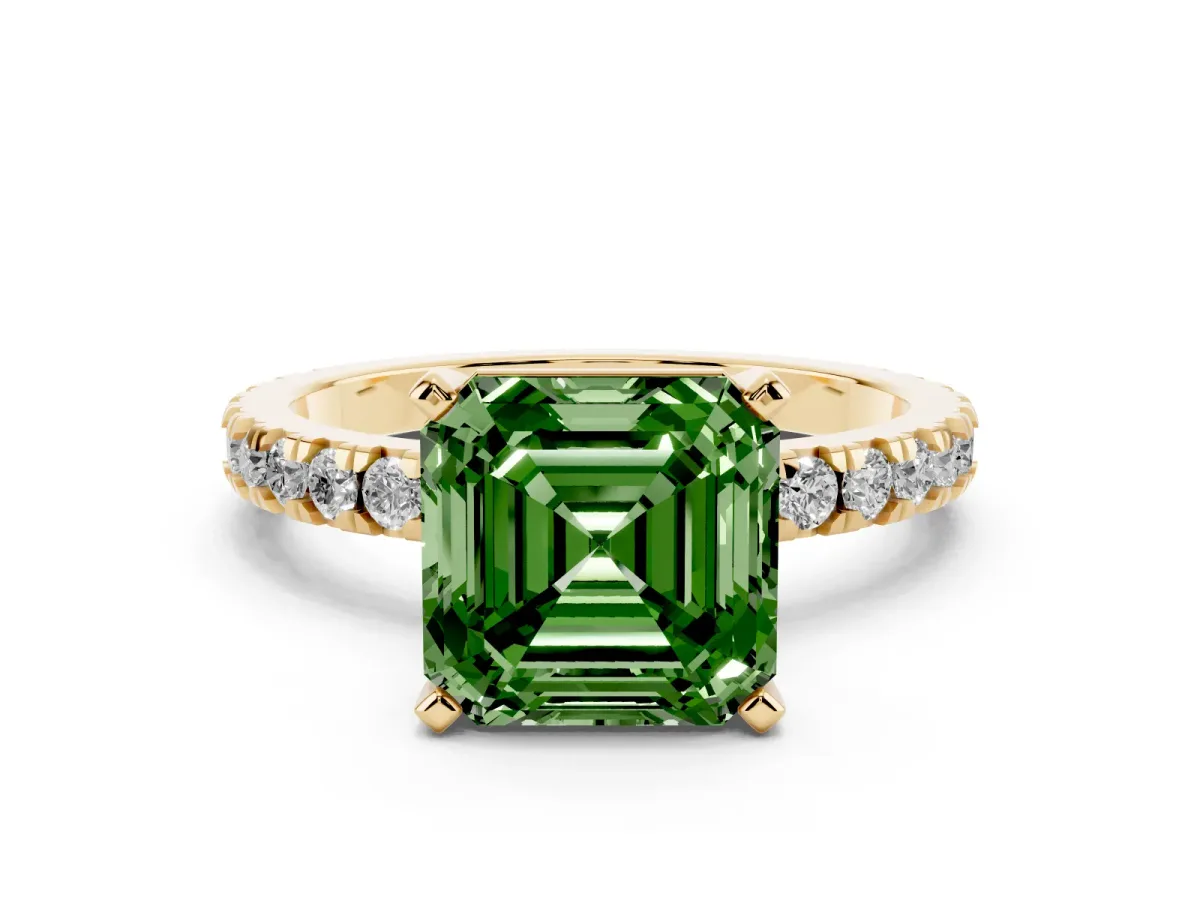 Fancy Green Asscher Cut Diamond Pavé Band Solitaire with Four-Prong Setting Yellow gold