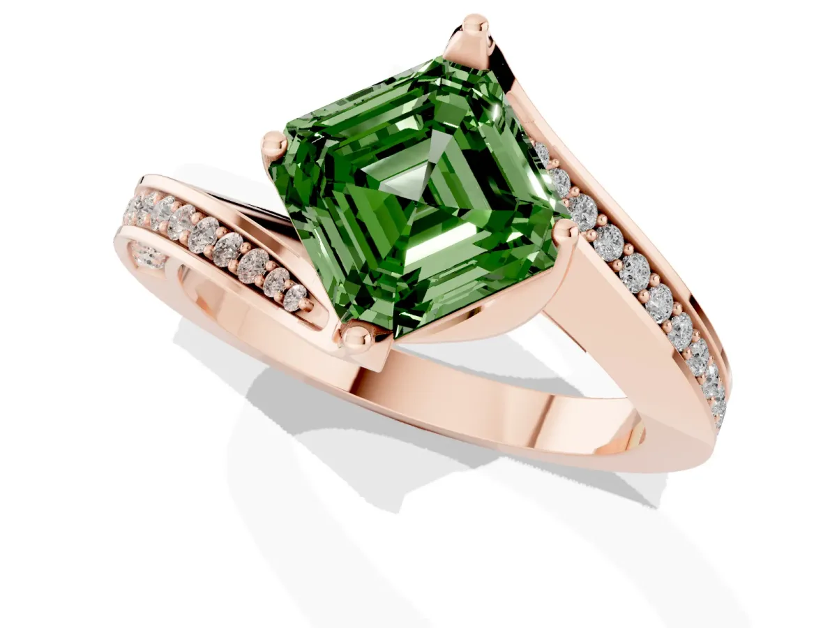Fancy Green Asscher Cut Solitaire Diamond Twist Band with Pavé Setting and Four-Prong Setting Rose gold