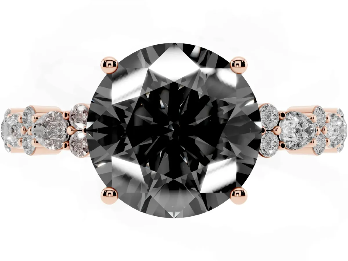 Fancy Black Round Cut Diamond Side Stone Solitaire Ring with Round and Four-Prong Setting Rose gold