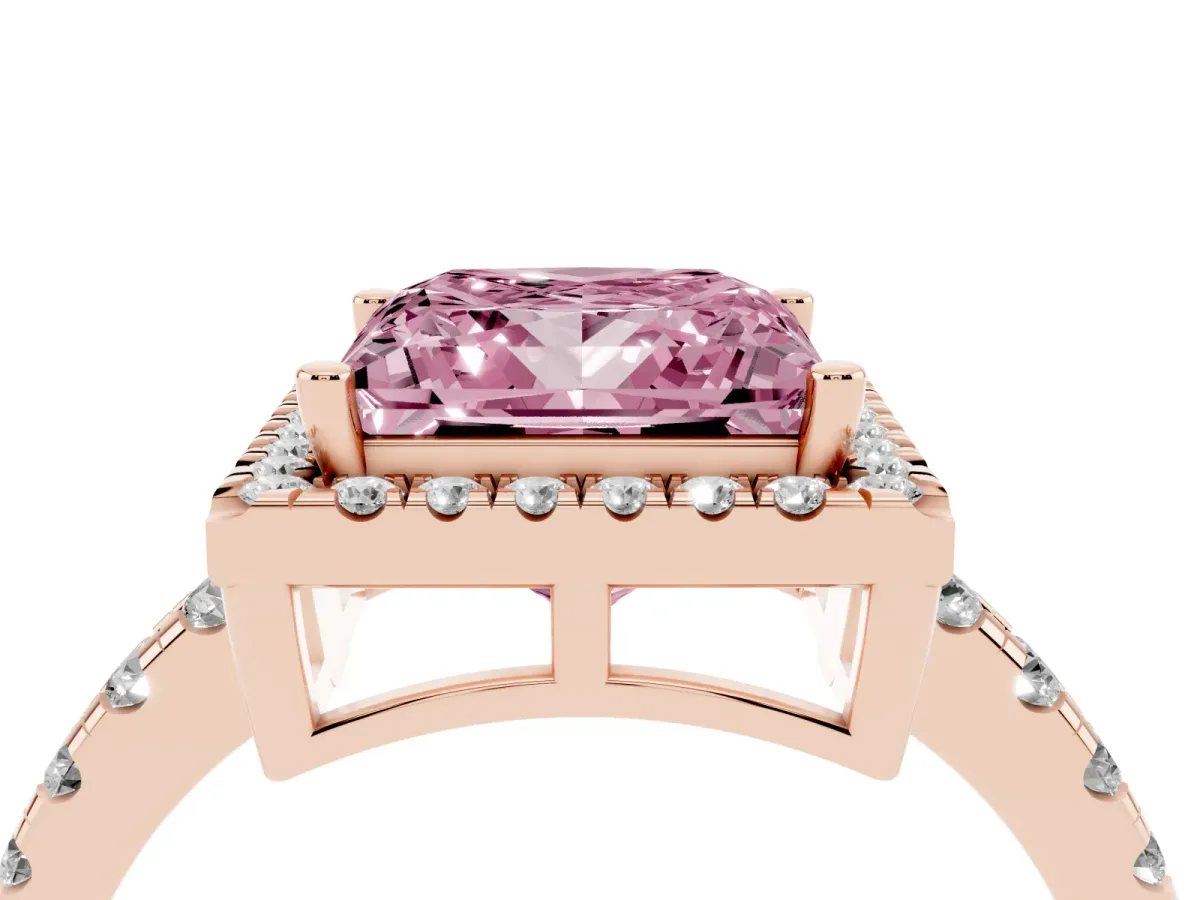 Fancy Pink Princess Cut Diamond Halo Ring with Pavé Band and Four-Prong Setting Rose gold