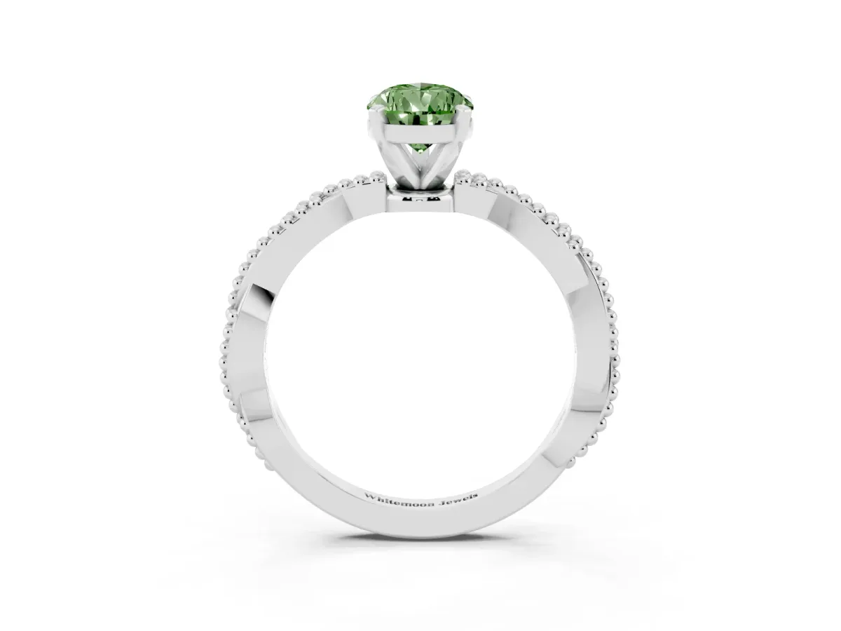 Fancy Green Pear Cut Solitaire Twisted Band with Bead Prong Setting Silver