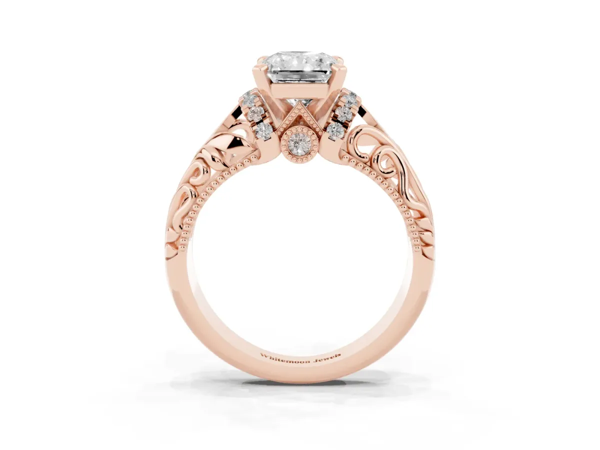 Radiant Cut Solitaire Filigree Engagement Ring with Halo and Prong Setting Rose gold