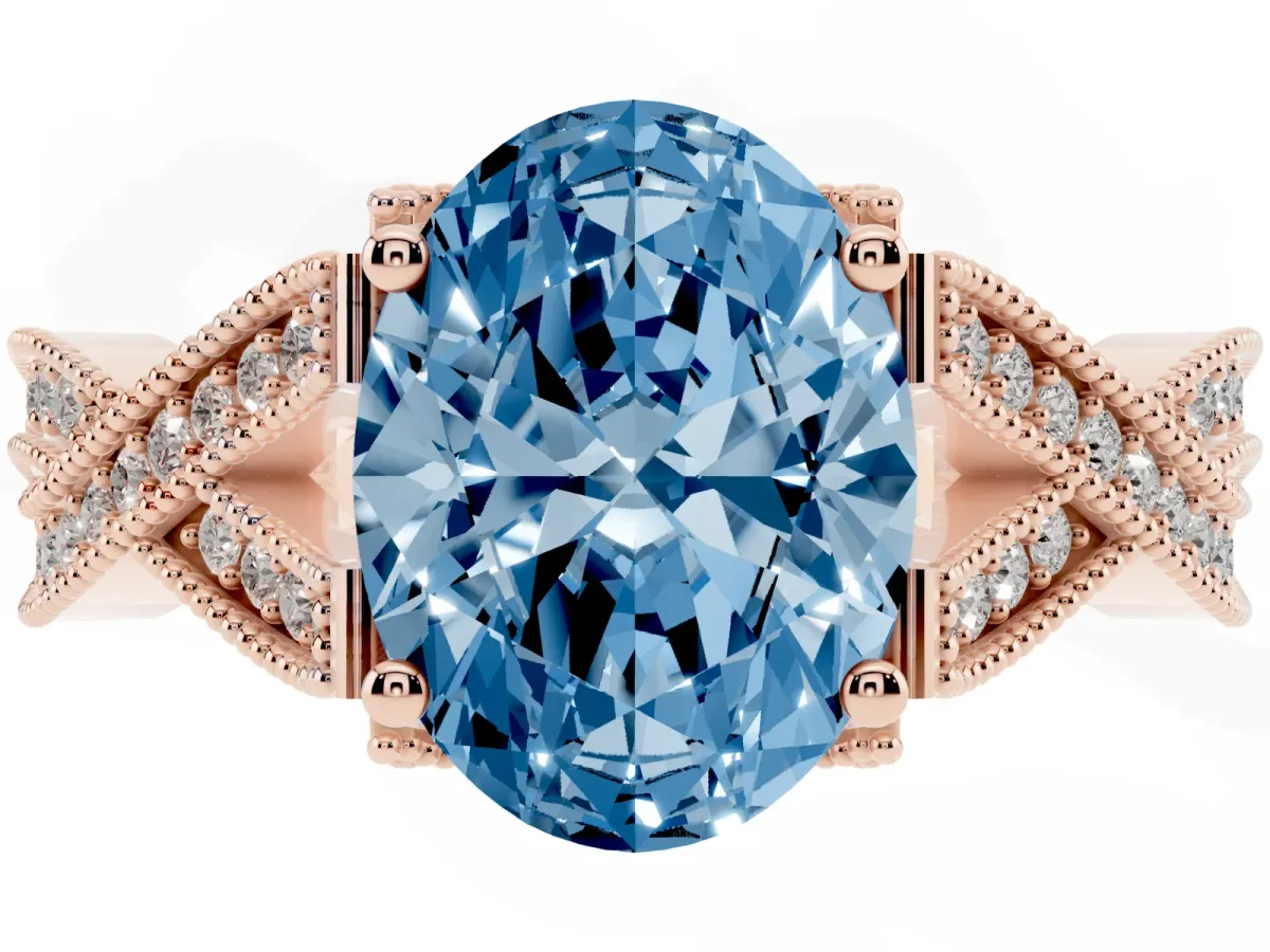 Fancy Blue Oval Cut Cut Diamond Twisted Band with Milgrain Pave Setting and Four-Prong Setting Rose gold