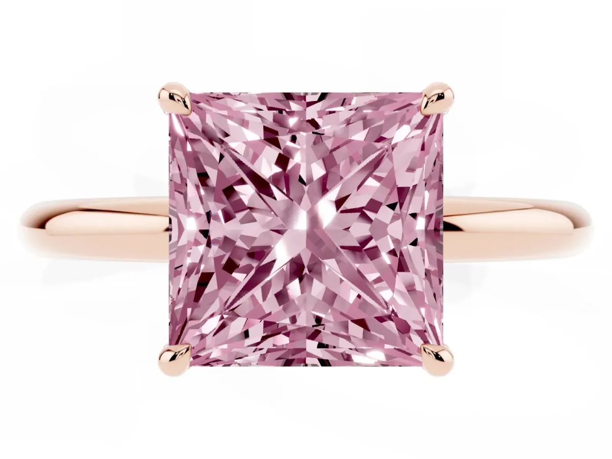 Fancy Pink Princess Cut Diamond Solitaire Ring with Thin Band and Four-Prong Setting Rose gold