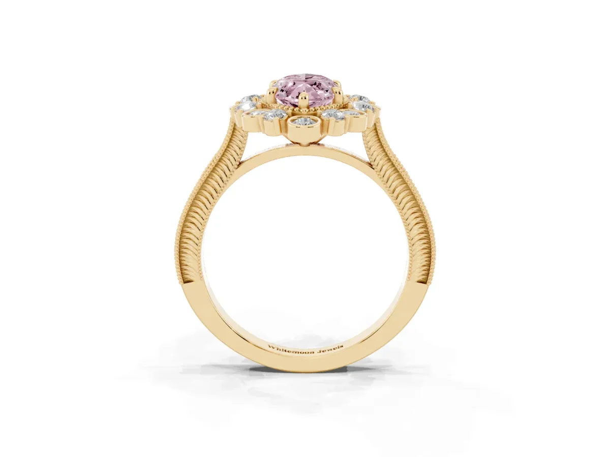 Fancy Pink Marquise Cut Halo Milgrain Pave Diamond Ring with Four-Prong Setting Yellow gold