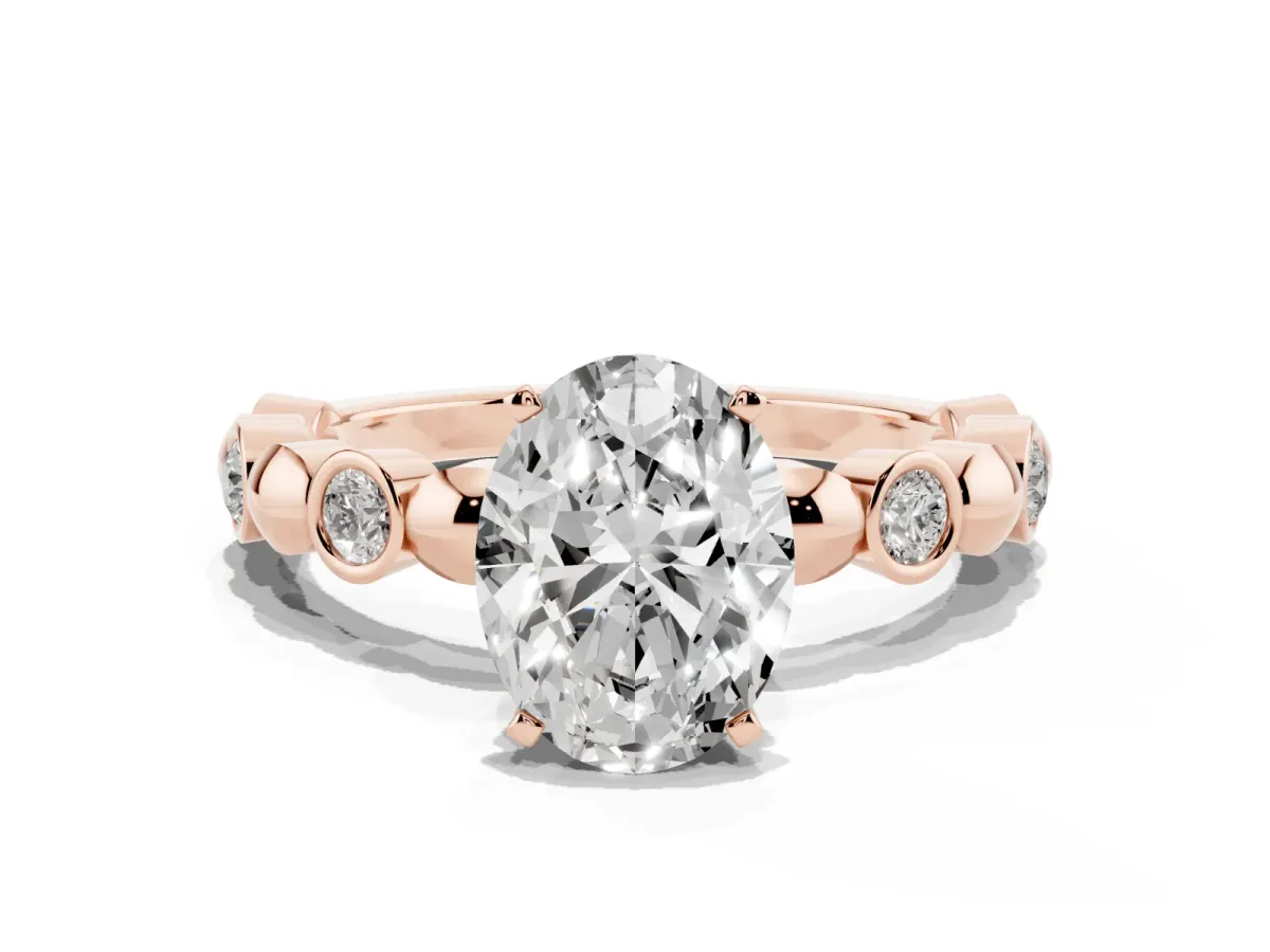 Oval Cut Solitaire Bezel-Set Diamond Ring with Beaded Band and Four-Prong Setting Rose gold
