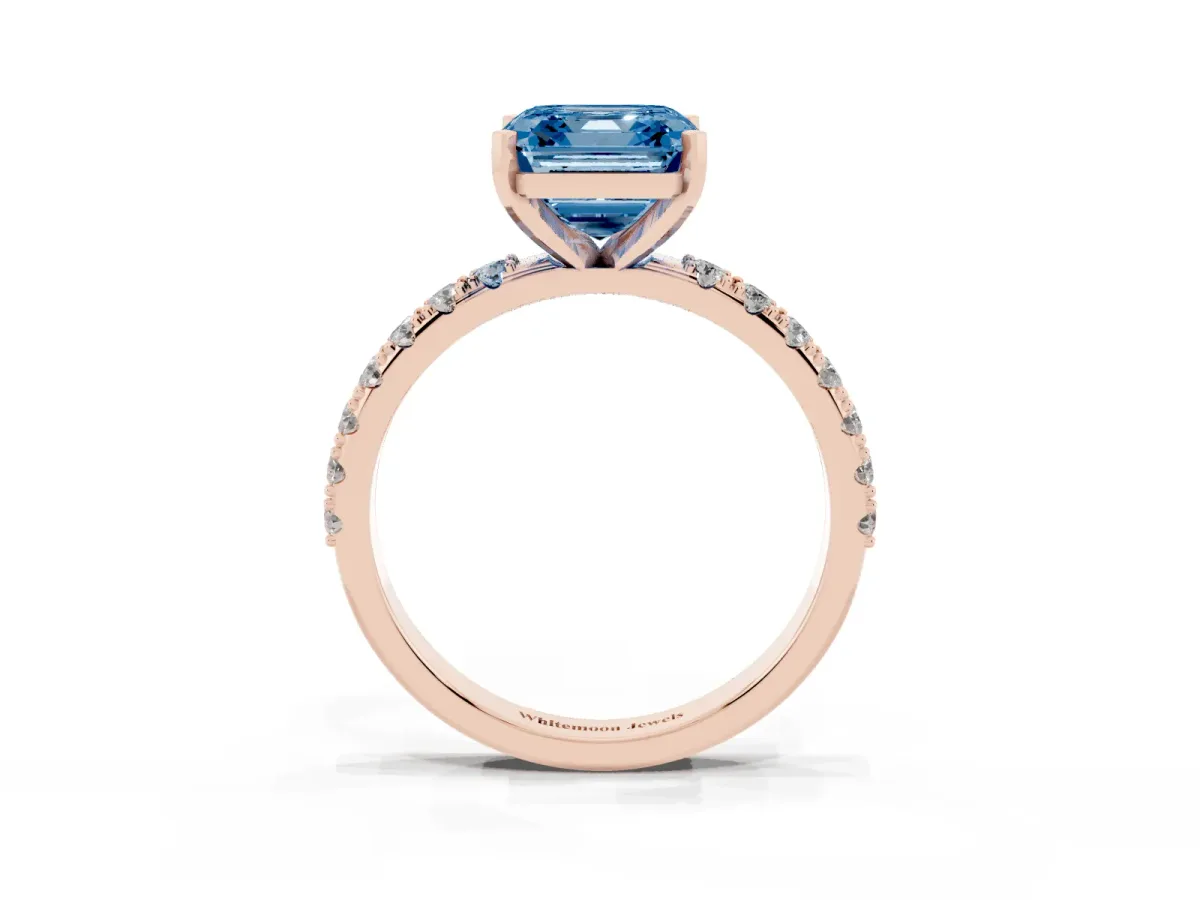 Fancy Blue Asscher Cut Diamond Solitaire Pavé Band with Four-Prong Setting Rose gold