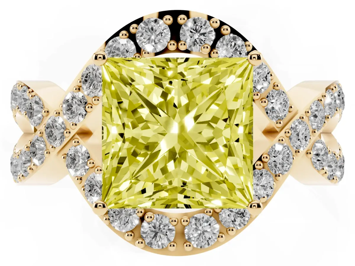 Fancy Yellow Princess Cut Solitaire Twist Band Pavé Diamond Engagement Ring Yellow gold