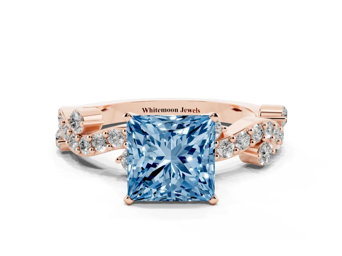 Fancy Blue Princess Cut Cut Solitaire Diamond Twisted Band with Pave Setting Rose gold