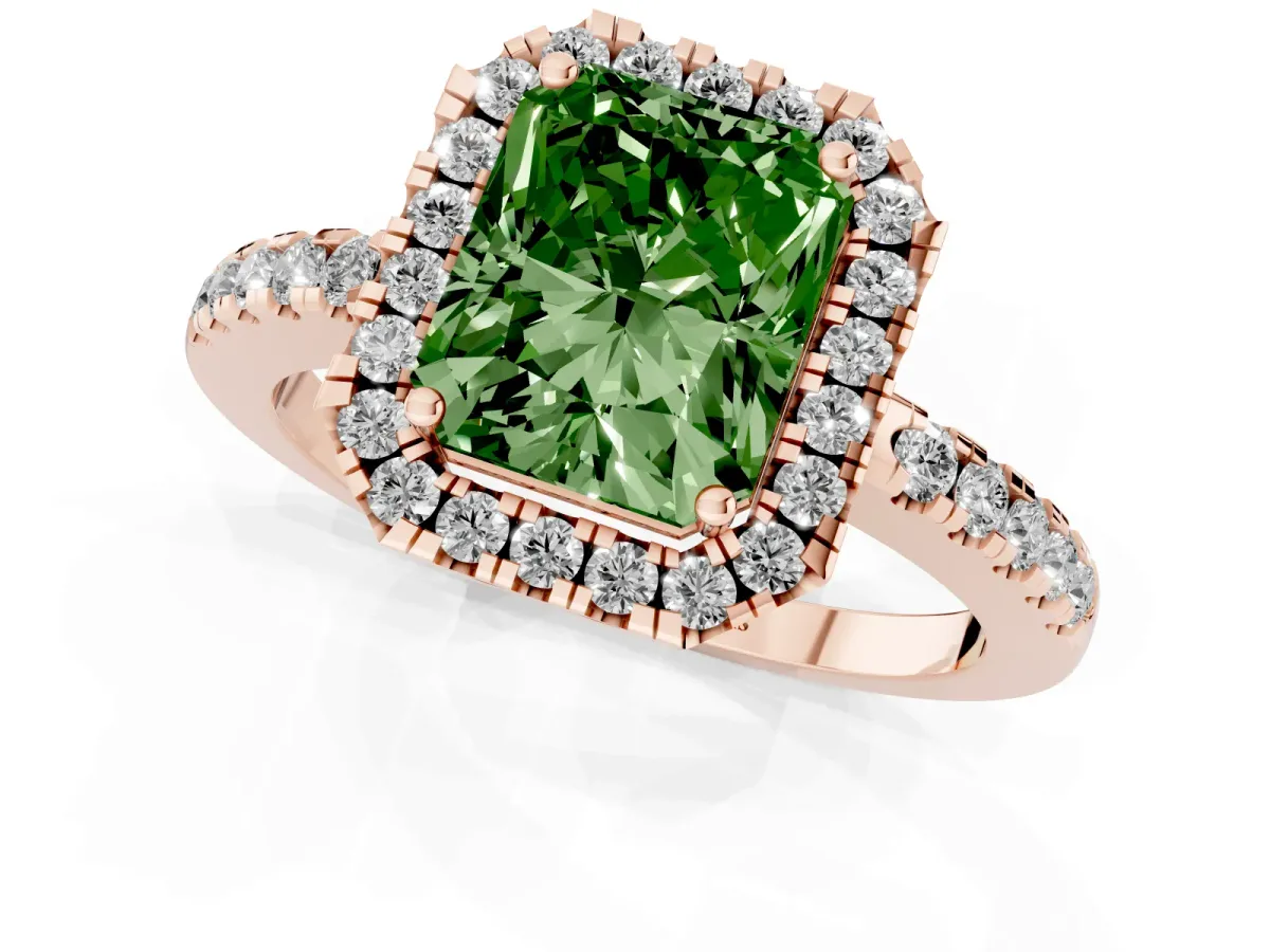 Fancy Green Radiant Cut Halo Diamond Engagement Ring with Pavé Band and Four-Prong Setting Rose gold