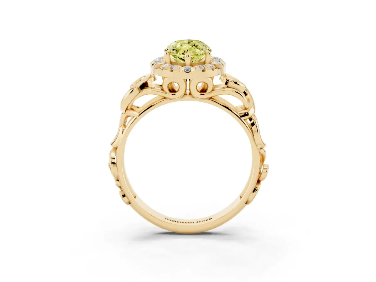 Fancy Yellow Marquise Cut Cut Halo Diamond Ring with Scrollwork Band and Four-Prong Setting Yellow gold