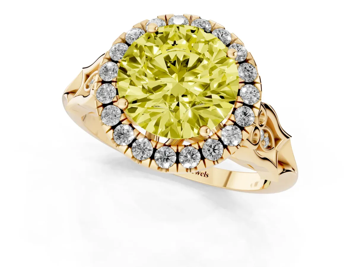 Fancy Yellow Round Cut Halo Diamond Engagement Ring with Filigree Band and Four-Prong Setting Yellow gold