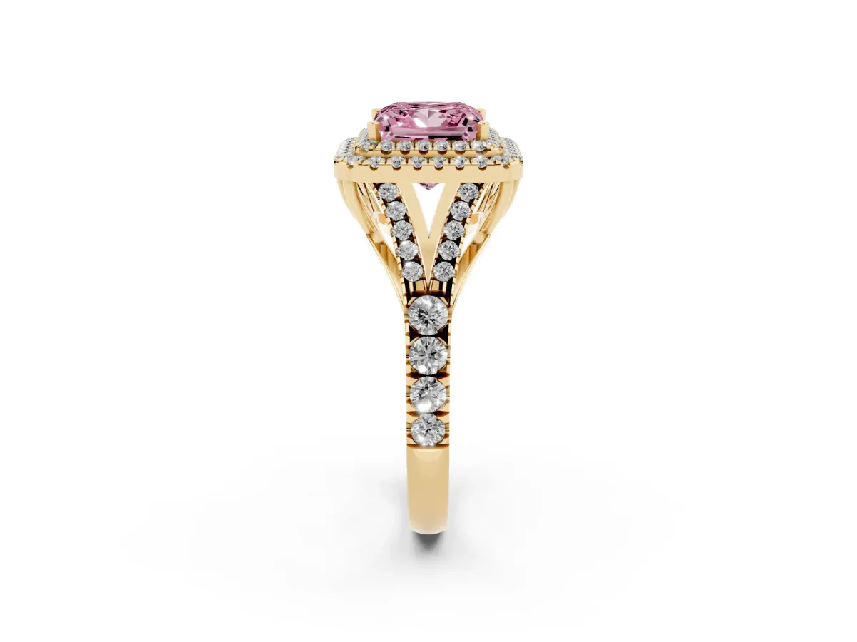 Fancy Pink Double Halo Princess Cut Diamond Split Shank Engagement Ring with Four-Prong Setting Yellow gold