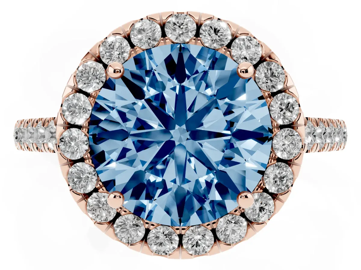 Fancy Blue Round Cut Halo Pavé Diamond Engagement Ring with Four-Prong Setting Rose gold