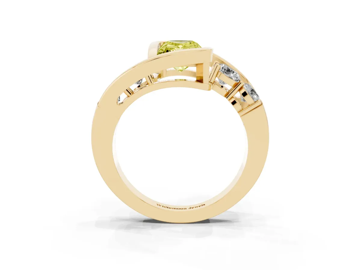 Fancy Yellow Bezel Set Radiant Cut Diamond Bypass Ring with Round Accents Yellow gold