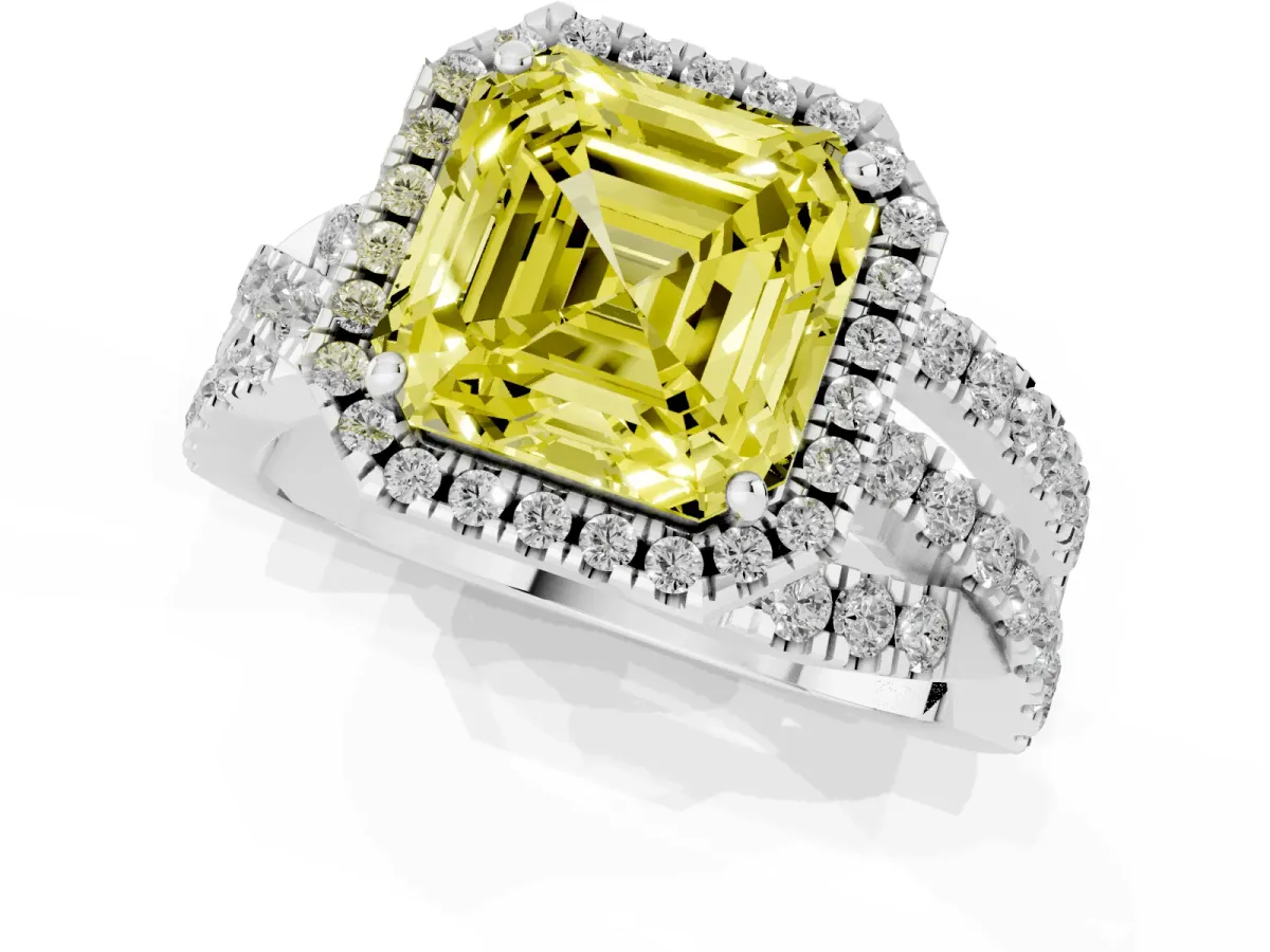 Fancy Yellow Asscher Cut Diamond Halo Ring with Round Split Shank and Prong Setting Silver