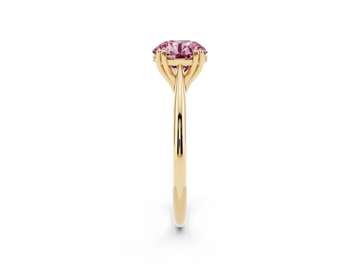Fancy Pink Round Cut Solitaire Diamond Ring with Six-Prong Setting and Classic Band Yellow gold