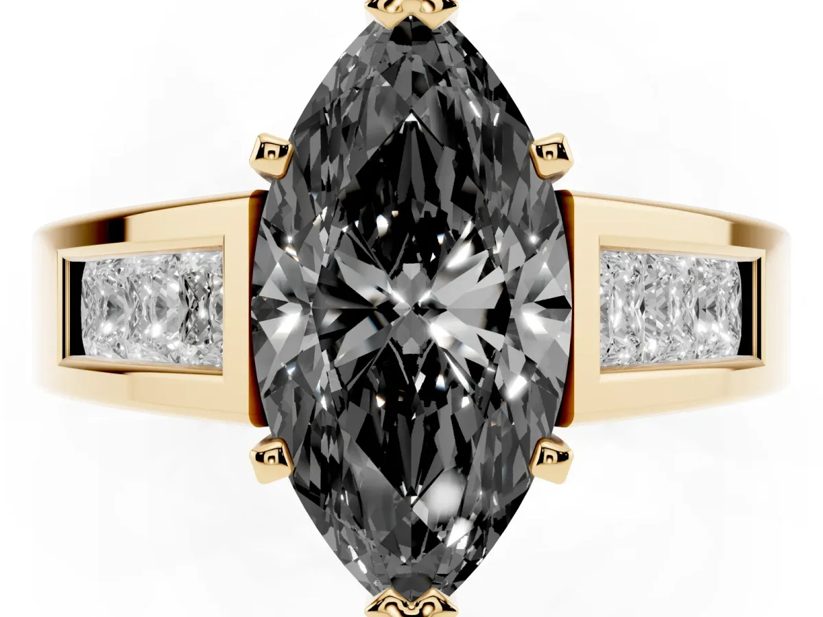 Fancy Black Marquise Cut Cut Channel Set Solitaire Ring with Four-Prong Setting Yellow gold