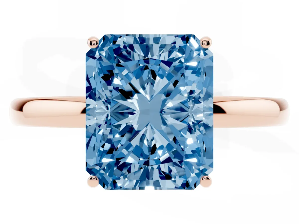 Fancy Blue Radiant Cut Solitaire Diamond Ring with Prong Setting and Plain Band Rose gold
