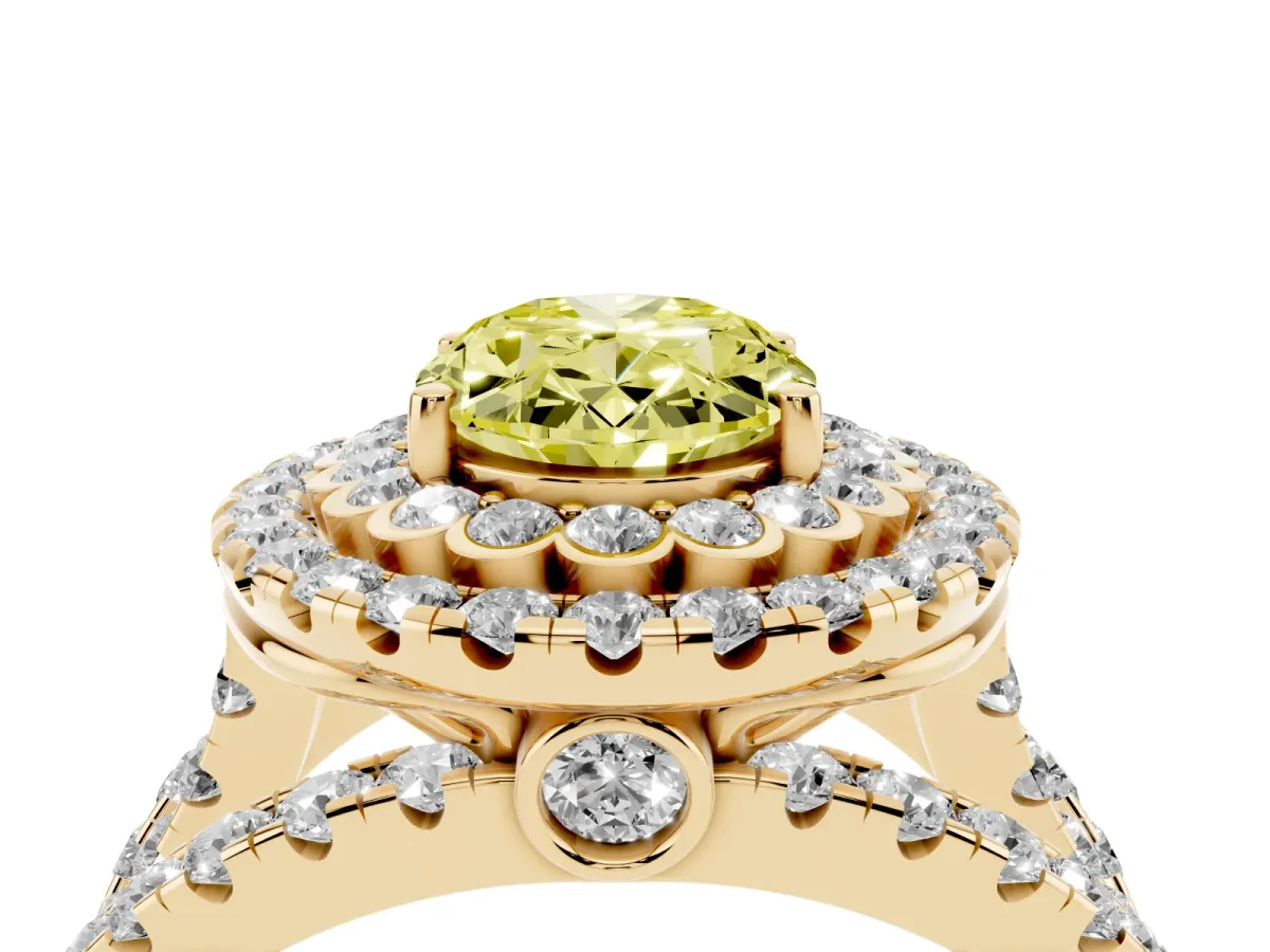 Fancy Yellow Oval Cut Diamond Double Halo Ring with Round Pavé Split Shank and Prong Setting Yellow gold