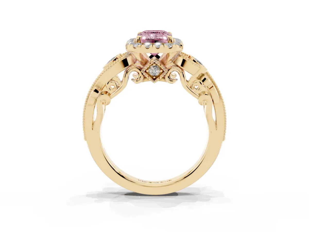 Fancy Pink Emerald Cut Halo Diamond Ring with Milgrain and Bezel Accents on a Split Shank Band Yellow gold
