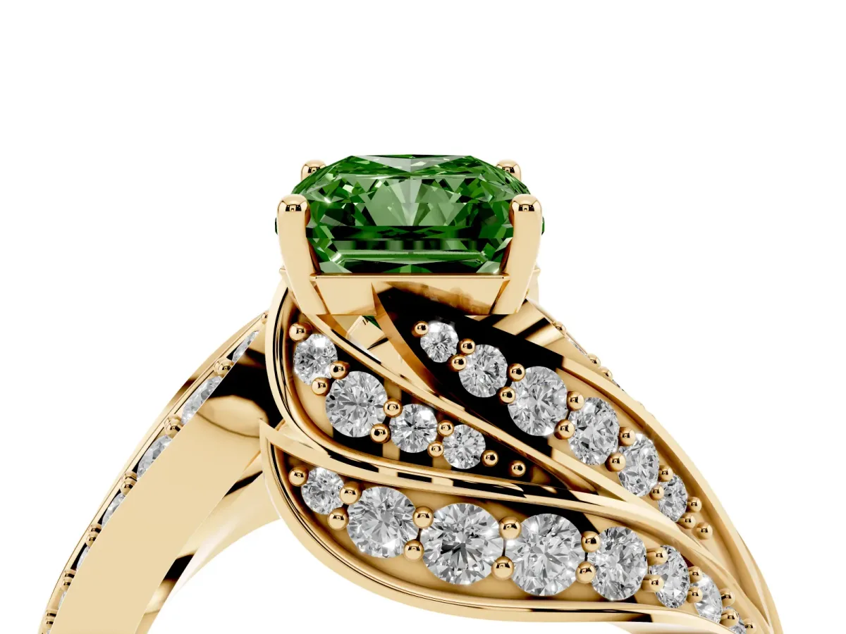 Fancy Green Radiant Cut Diamond Solitaire Ring with Prong Setting and Twisted Pavé Band Yellow gold