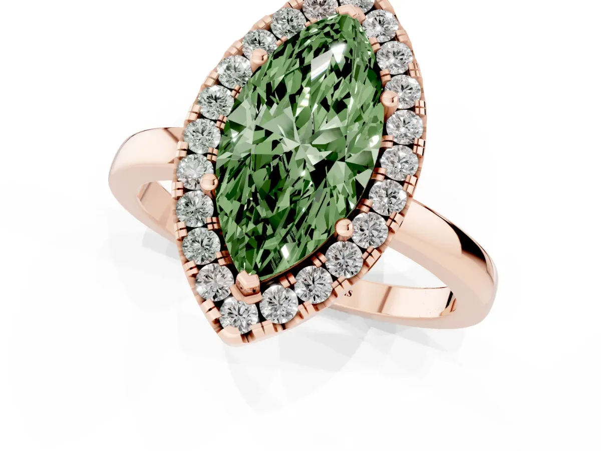 Fancy Green Marquise Cut Halo Diamond Solitaire with Pavé Band and Four-Prong Setting Rose gold