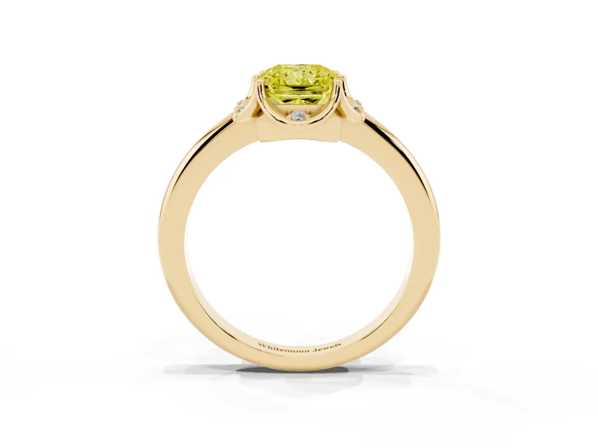 Fancy Yellow Radiant Cut Halo Diamond Ring with Round Cluster Setting, Solitaire Band, and Four-Prong Setting Yellow gold