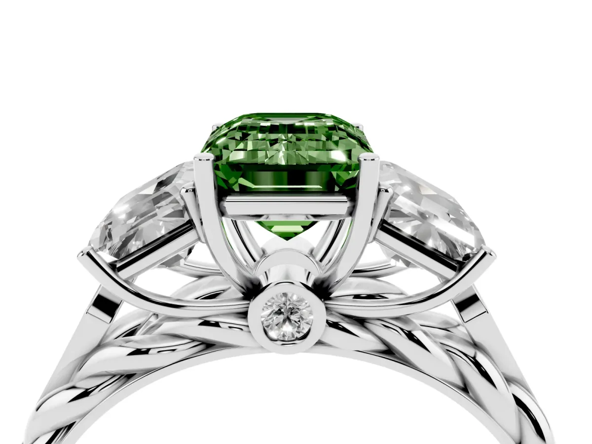 Fancy Green Three-Stone Emerald Cut Diamond Braided Band Ring with Four-Prong Setting Platinum