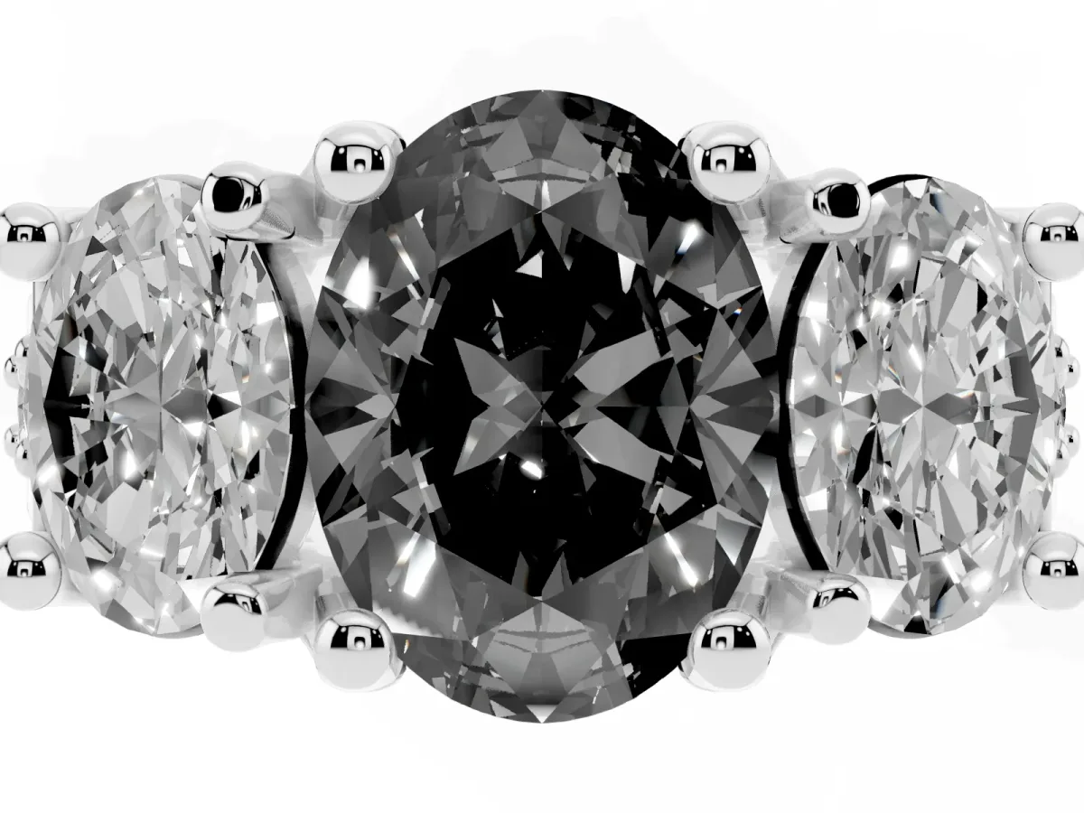 Fancy Black Oval Cut Diamond Three-Stone Ring with Channel Set Band and Four-Prong Setting Silver