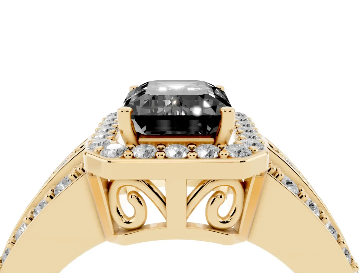 Fancy Black Emerald Cut Halo Diamond Ring with Round Split Shank and Prong Setting Yellow gold