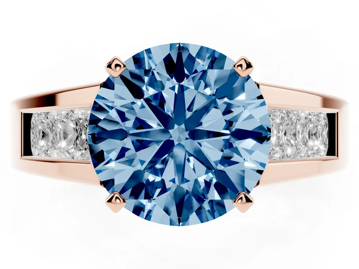 Fancy Blue Round Cut Cut Channel Set Solitaire Ring with Four-Prong Setting Rose gold