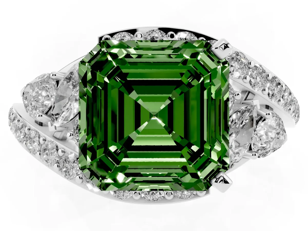 Fancy Green Asscher Cut Diamond Halo Ring with Marquise and Pavé Band in Prong Setting Platinum