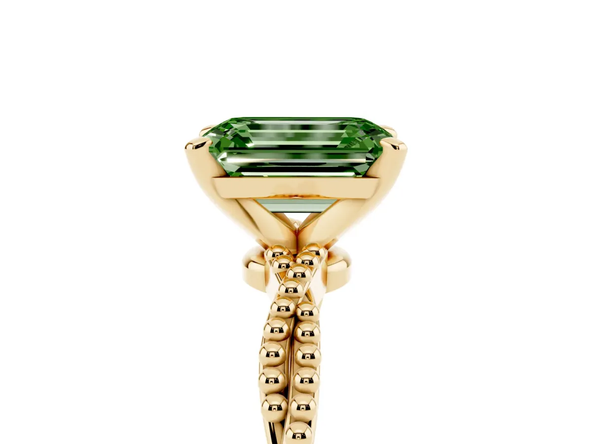 Fancy Green Emerald Cut Solitaire Twisted Band with Bead Prong Setting Yellow gold