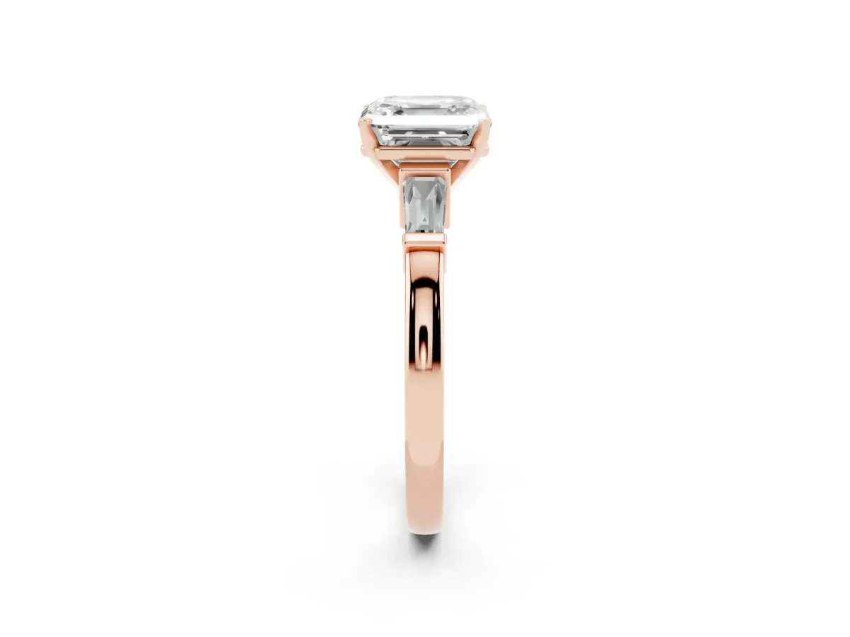 Asscher Cut Cut Diamond Solitaire Ring with Tapered Baguette Accents and Four-Prong Setting Rose gold